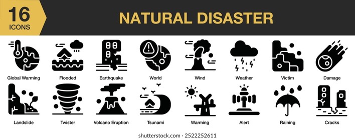 Conjunto de ícones sólidos de desastres naturais. Inclui chuva, tsunami, twister, vítima, erupção vulcânica e muito mais. Coleção vetorial de ícones sólidos.