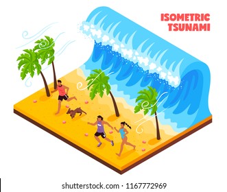 Natural disaster in south country isometric vector illustration with people and animals running from tsunami wave