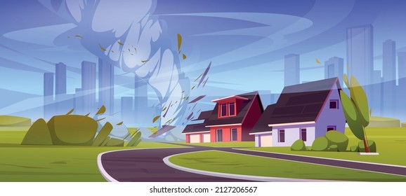 Natural disaster with tornado crashes house roof. Vector cartoon illustration of storm wind swirls, hurricane, twister on summer landscape with damaged buildings