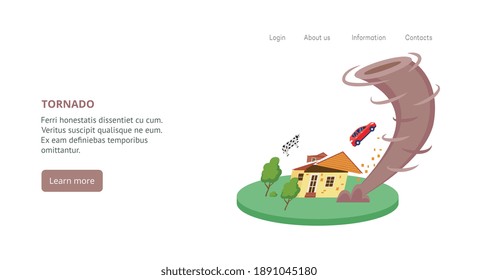 Natural disaster tornado. Huge vortex, twisting hurricane, storm or power wind breaking house and lifted car and cow. Landing page template with cataclysm. Vector illustration.
