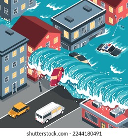 Natural disaster tsunami hitting city with view of flooded streets isometric vector illustration