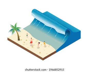 Natural Disaster Vector Concept. Scared Crowd People Running Away And Rescuing From Tsunami Waves