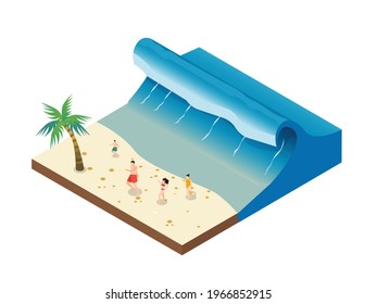 Natural disaster vector concept. Scared crowd people running away and rescuing from tsunami waves