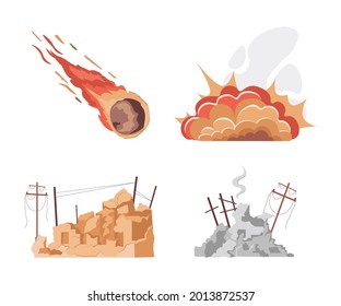 Natural Disaster Vector Flat Illustrations Isolated On White Background. Large Burning Falling Meteorite, Big Explosion, Destroyed City Buildings After War Or Earthquake. World In Collapse Concept.