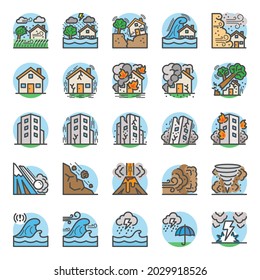 Natural Disaster, Vector illustration of thin line icons for Natural Disaster Contains such Icons as earth quake, flood, tsunami and other