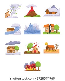 Natural disaster vector set, natural disaster icon set. Hurricane, tornado, volcano, blizzard, tsunami, earthquake, flood, drought, forest fire, climate change, global warming, glacier melting