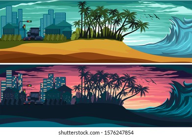 Natural disaster warning banner campaign. Coconut trees hold the waves from the sea. Vector Eps10 Background.