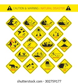 Natural Disaster Warning Signs, Caution, Danger, Hazard Symbol Set