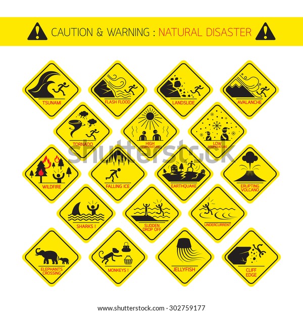 Natural Disaster Warning Signs Caution Danger Stock Vector (Royalty ...