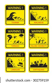Natural Disaster Warning Signs, Family Running, Caution, Danger, Hazard Symbol Set