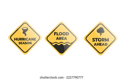 Natural Disaster Warning Signs, Hurricane, Flood, Storm with a yellow traffic sign