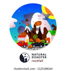 Natural disaster.Rockfall. Modern flat cartoons style vector illustration icons. Isolated on white. Collapse of mountain to buildings, cars. Rockfall. Stones fall from the mountain. Natural disaster