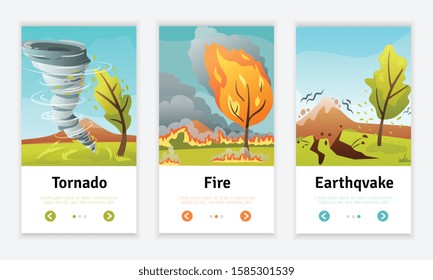 Natural disasters 3 flat vertical web banners set with tornado earthquake and wildfire compositions isolated vector illustration 