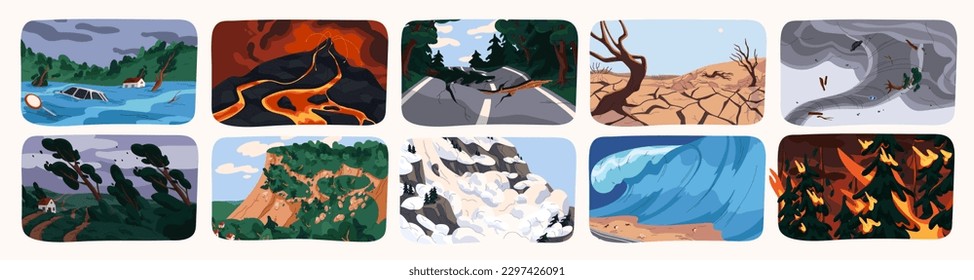 Natural disasters, calamities set. Weather cataclysms, catastrophes. Flood, hurricane, volcano eruption, earthquake, avalanche, tsunami wave, drought, nature landscapes. Flat vector illustrations