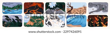 Natural disasters, calamities set. Weather cataclysms, catastrophes. Flood, hurricane, volcano eruption, earthquake, avalanche, tsunami wave, drought, nature landscapes. Flat vector illustrations