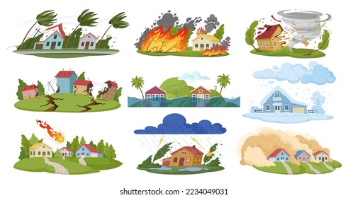 Natural disasters, cartoon damage catastrophe cataclysms. Hurricane, forest fire, flooding, earthquake and snow blizzard flat vector illustration set. Earth damage disaster collection - Shutterstock ID 2234049031