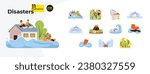Natural disasters cartoon flat illustration bundle. Hurricane flooding, earthquake damage, oil spill 2D scenes isolated on white background. Volcano eruption, tsunami vector color image collection