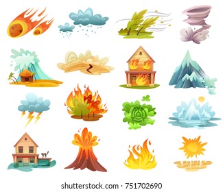 Catástrofes naturales conjunto de íconos con incendios, tsunami, inundación, erupción volcánica, hielo derritiendo ilustración vectorial aislada