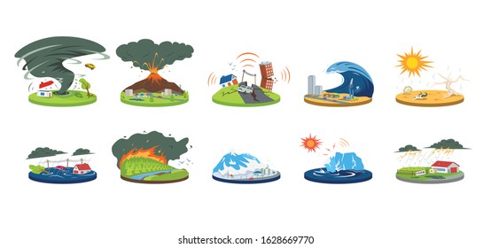 Natural disasters cartoon vector illustration set. Extreme weather conditions. Catastrophe, cataclysm. Flood, avalanche, hurricane. Earthquake, tsunami. Flat color calamities isolated on white