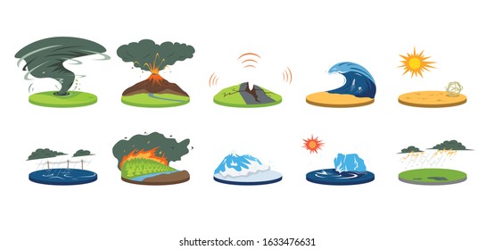 Natural disasters cartoon vector illustration set. Extreme weather conditions. Catastrophe, cataclysm. Flood, avalanche, hurricane. Earthquake, tsunami. Flat color calamities isolated on white