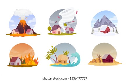 Natural disasters. Collection images with cataclysms volcanic eruption, hurricane, snow avalanche, forest fire, flood and drought.  Isolated vector illustration