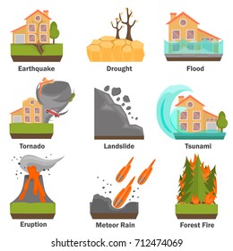 Natural disasters color flat set. Vector illustrations