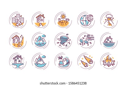 Natural Disasters Color Line Icons Set. A Major Adverse Event Resulting From Natural Processes Of The Earth. Pictogram For Web Page, Mobile App, Promo. UI UX GUI Design Element.