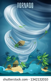 Natural disasters colorful composition with powerful rotating tornado twister vortex lifting bungalows palms in air vector illustration