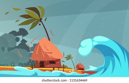Natural disasters composition with rain and tsunami on ocean front with bungalow and tropical coast background vector illustration