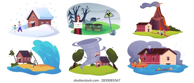 Natural disasters consequences vector flat illustrations set. Cartoon volcano eruption, tornado, flood tsunami. People surviving. Catastrophe cataclysms. Hurricane, snow storm. Toxic waste pollution