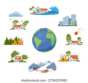Natural disasters, damage catastrophe cataclysm scenes. Earth damage disaster collection.