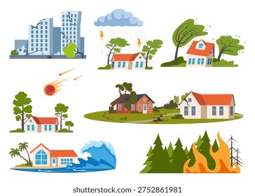 Natural disasters, damage catastrophe cataclysm scenes. Earth damage disaster collection.