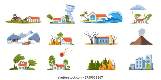Natural disasters, damage catastrophe cataclysm scenes. Earth damage disaster collection.