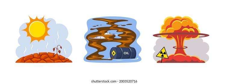 Natural disasters drought, dirty waste, nuclear pollution. Heat causes drought, soil cracking and plant death. Nuclear explosion causes toxic pollution of nature. Oil spill kills fish cartoon vector