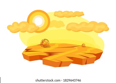 Natural disasters drought. Drought disaster, water depletion, with drought and cracked land. Cataclysm, catastrophe, destruction of nature cartoon vector illustration