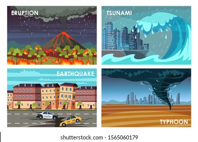 Natural disasters flat vector illustrations set. Eruption, tsunami, earthquake, typhoon. Catastrophe, cataclysm damage concept. Dangerous phenomenons. Educational poster, social banner idea