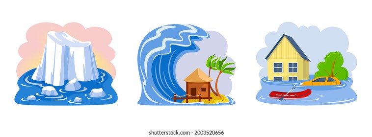 Desastres naturales, inundaciones, tsunamis, glaciares que se derriten. Desastre natural fuerte con lluvia, tsunami cubriendo cabaña. Inundación con destrucción de casas. Paisaje ártico con vector de dibujos animados de iceberg en deshielo