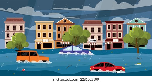 Natural disasters, floods. Vector illustration of city streets flooded with water in cartoon style. Damaged buildings and vehicles. Heavy torrential rains, hurricanes, broken trees.