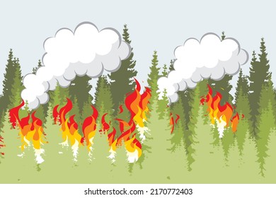 Natural disasters. Forest on fire. Illustration of air pollution due to forest fires