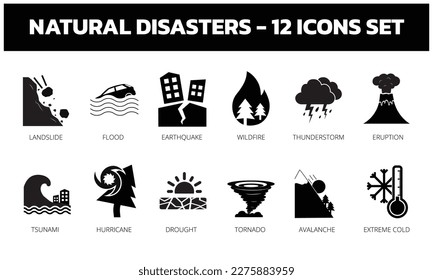 Juego de iconos de desastres naturales. Incluye íconos como Terremoto, Inundación, Tornado, Deslizamiento, Erupción del Volcán y Sequía. Iconos vectoriales editables planos.