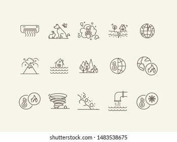 Natural disasters icons. Set of line icons. Air conditioner, flood, high temperature. Ecology concept. Vector illustration can be used for topics like environment protection, nature