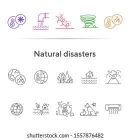 Natural disasters icons. Set of line icons. Air conditioner, flood, high temperature. Ecology concept. Vector illustration can be used for topics like environment protection, nature