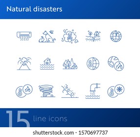 Natural disasters icons. Set of line icons. Air conditioner, flood, high temperature. Ecology concept. Vector illustration can be used for topics like environment protection, nature