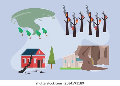 Natural Disasters Illustration - Tornado, Wildfire, Earthquake, and Landslide Effects 2d flat vector illustrations