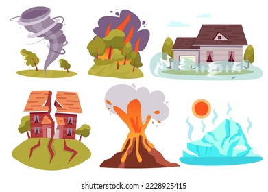 Natural disasters isolated elements set in flat design. Vector illustration.