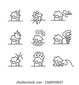 Natural disasters line style symbols. Accidents with house icons set. House insurance cases signs. Editable stroke width.