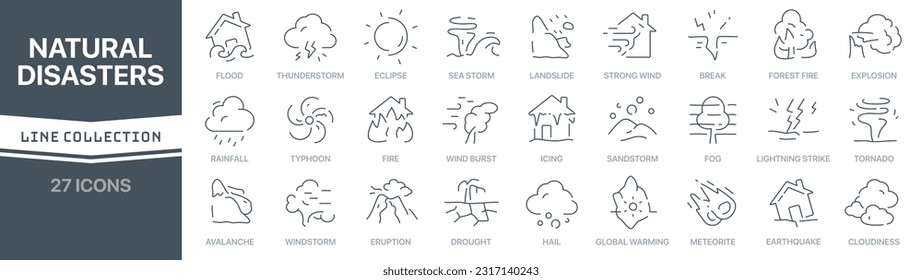 Natural disasters linear signed icon collection. Signed thin line icons collection. Set of natural disasters simple outline icons