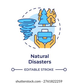 Natural disasters multi color concept icon. Environmental events risk. Variety of unexpected occurrences. Round shape line illustration. Abstract idea. Graphic design. Easy to use in booklet