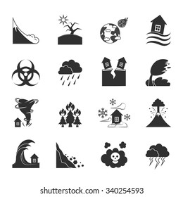 Natural disasters and negative effects icons set drawn in black and white flat style isolated vector illustration