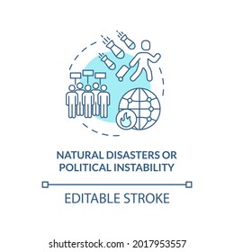 Natural Disasters Or Political Instability Blue Concept Icon. Reason Of Slavery And Trafficking Abstract Idea Thin Line Illustration. Vector Isolated Outline Color Drawing. Editable Stroke